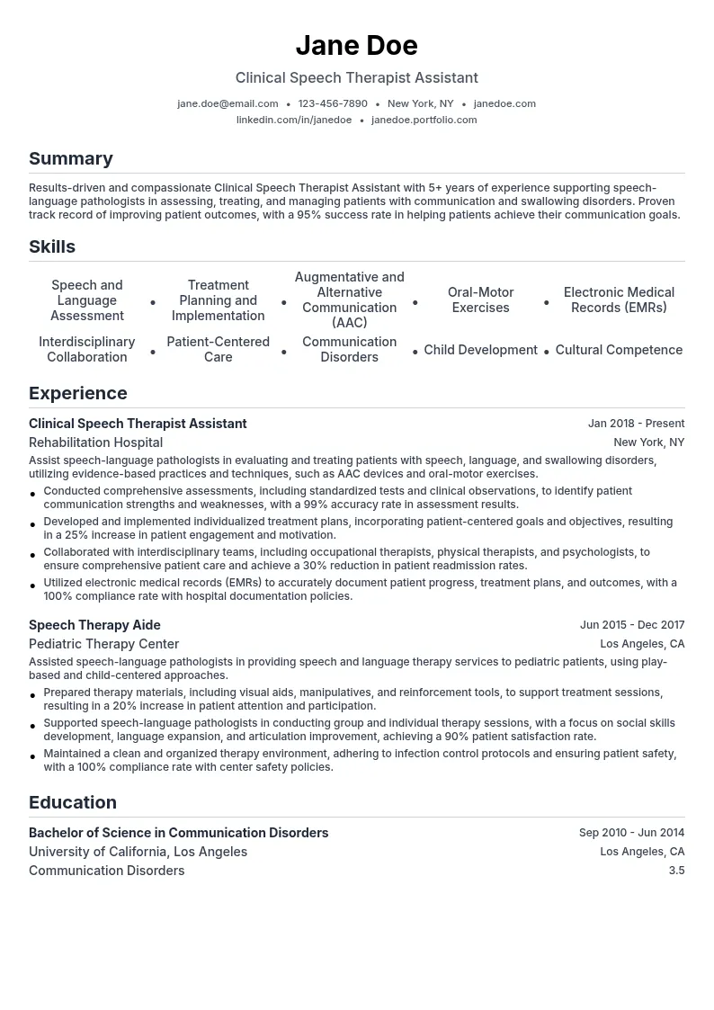 Clinical Speech Therapist Assistant resume example