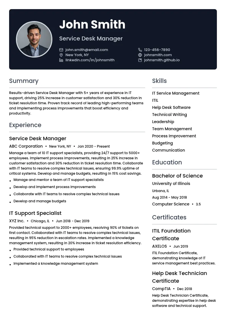 Service Desk Management resume example