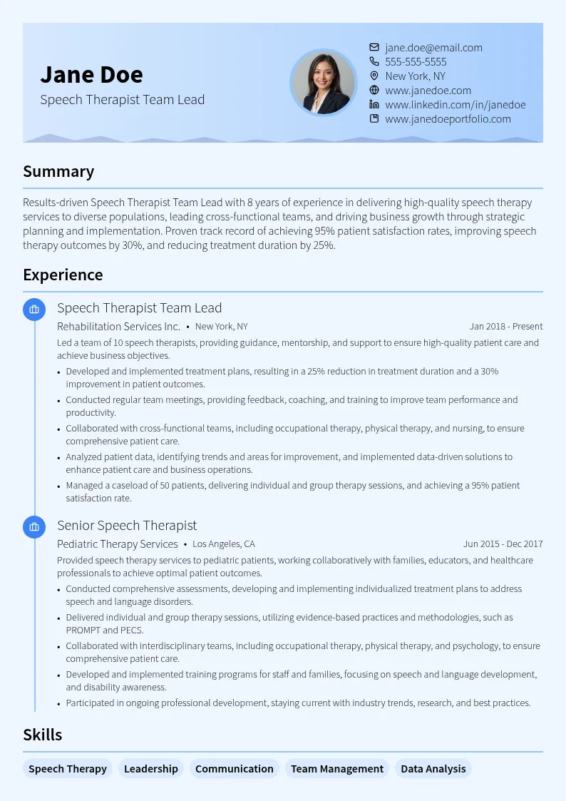 Speech Therapist Team Lead resume example