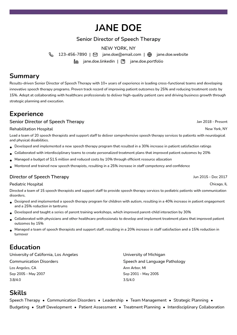 Senior Director of Speech Therapy resume example