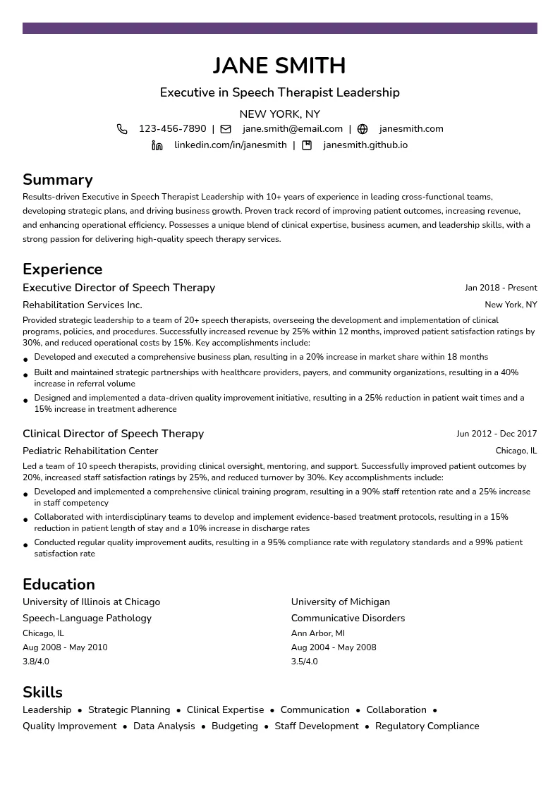 Executive in Speech Therapist Leadership resume example