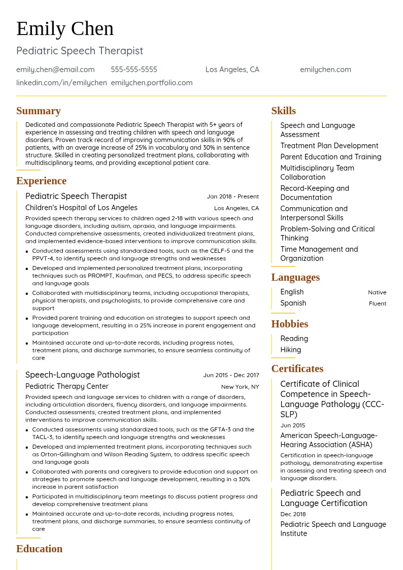 Pediatric Speech Therapist resume example