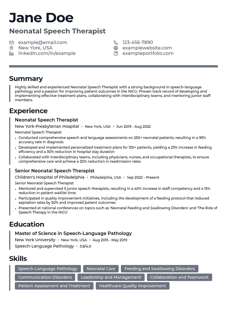 Neonatal Speech Therapist resume example
