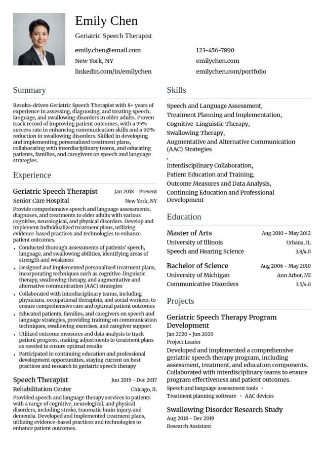 Geriatric Speech Therapist resume example