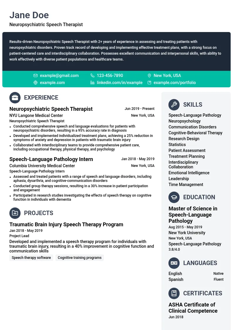 Neuropsychiatric Speech Therapist resume example