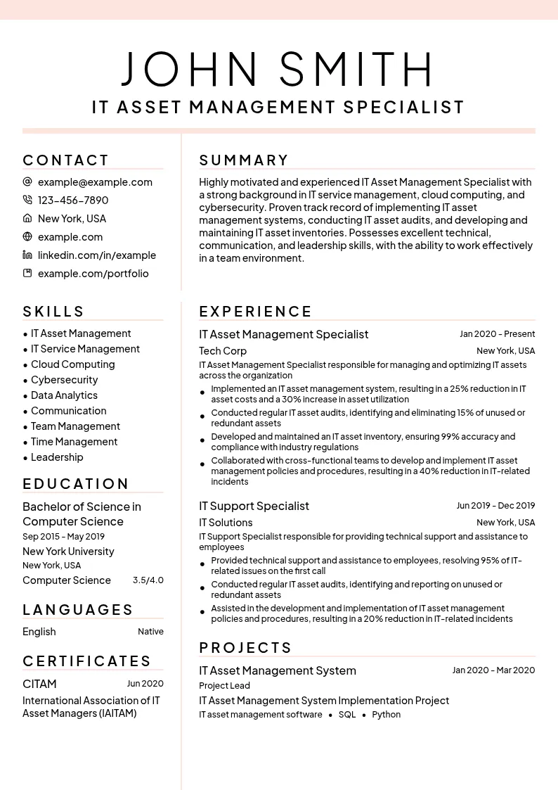 IT Asset Management resume example