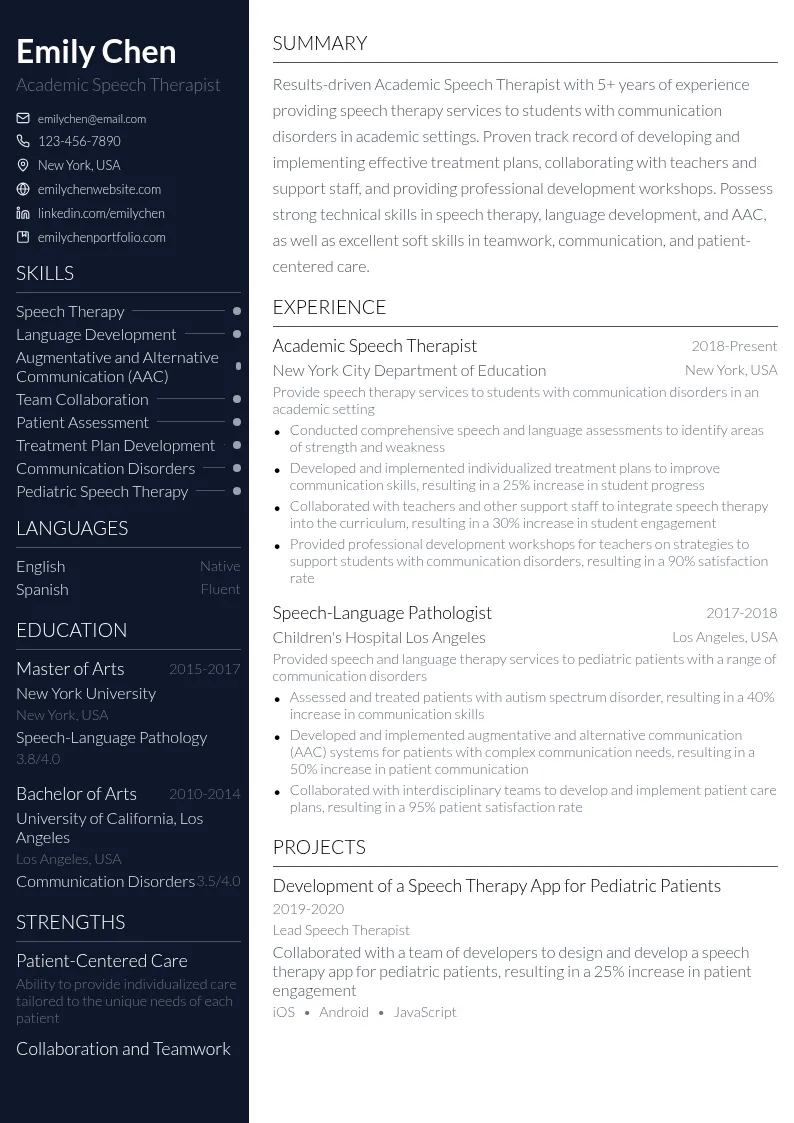 Academic Speech Therapist resume example
