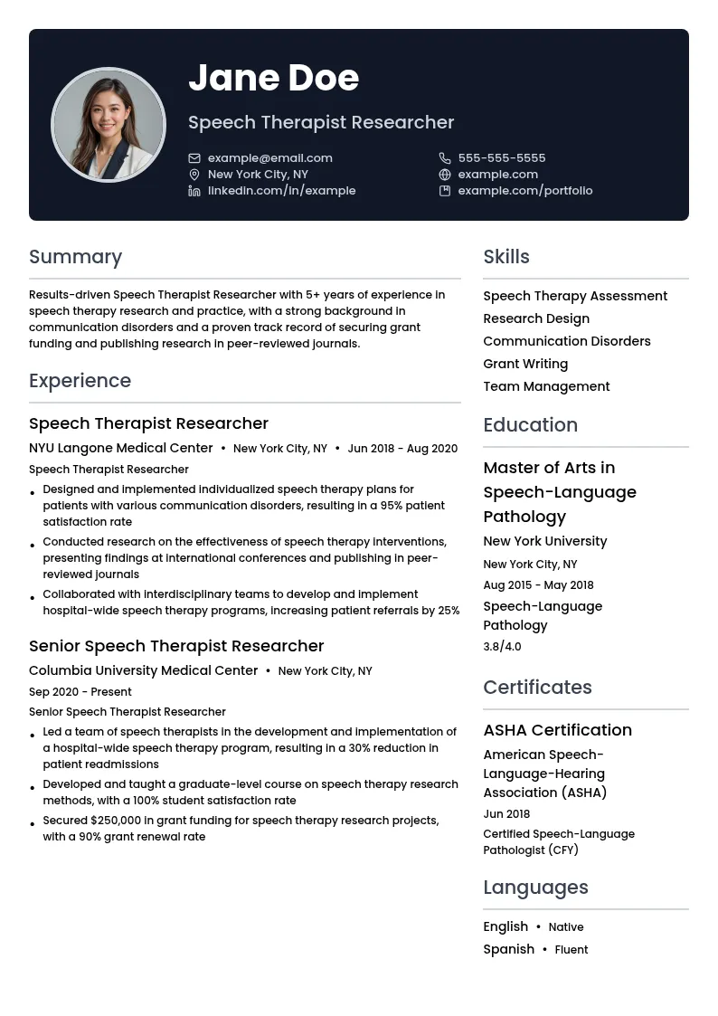 Speech Therapist Researcher resume example