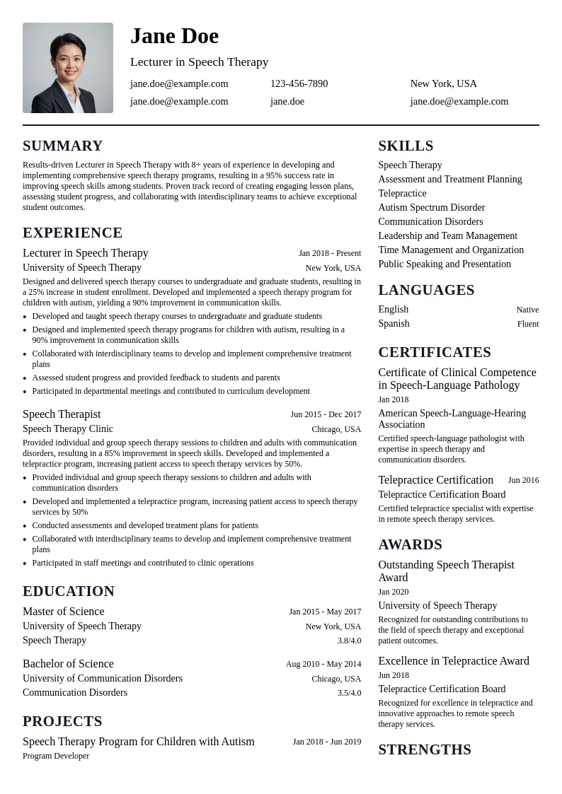 Lecturer in Speech Therapy resume example