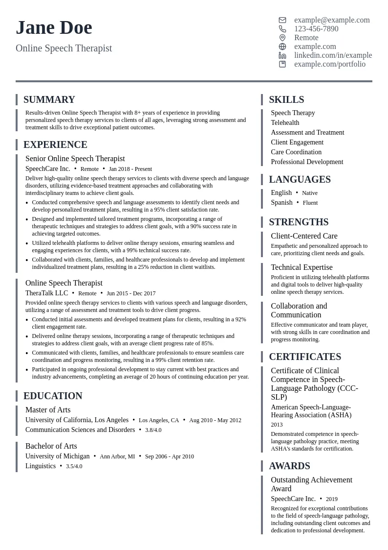 Online Speech Therapist resume example