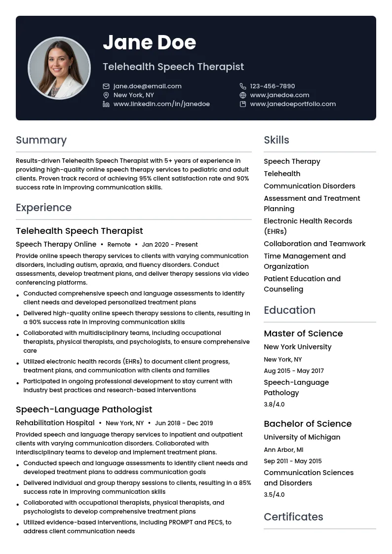 Telehealth Speech Therapist resume example