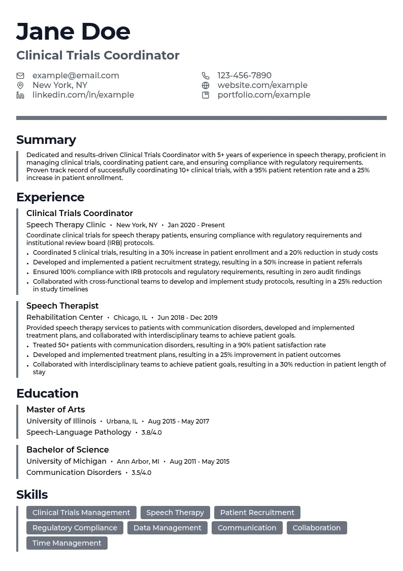 Clinical Trials Coordinator for Speech Therapy resume example