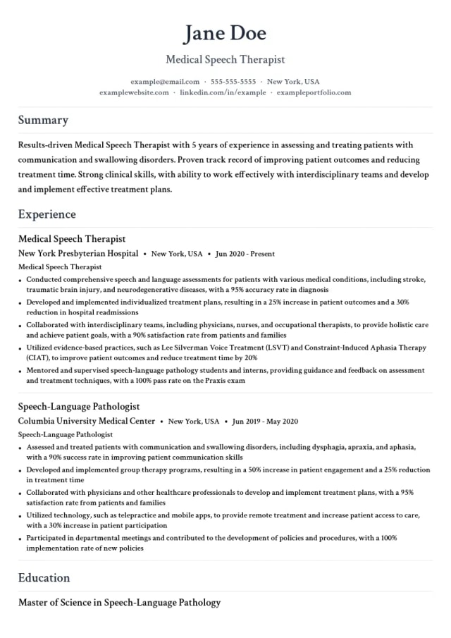 Medical Speech Therapist resume example