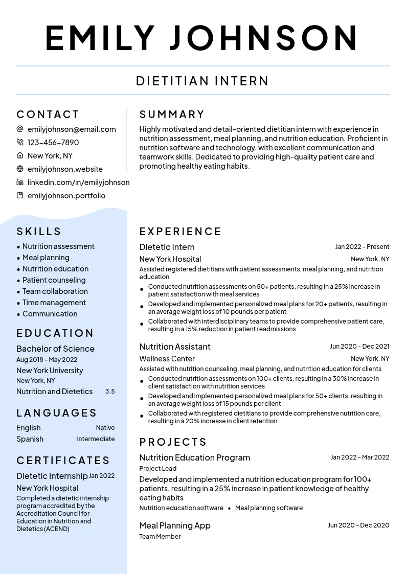 Dietitian Intern resume example