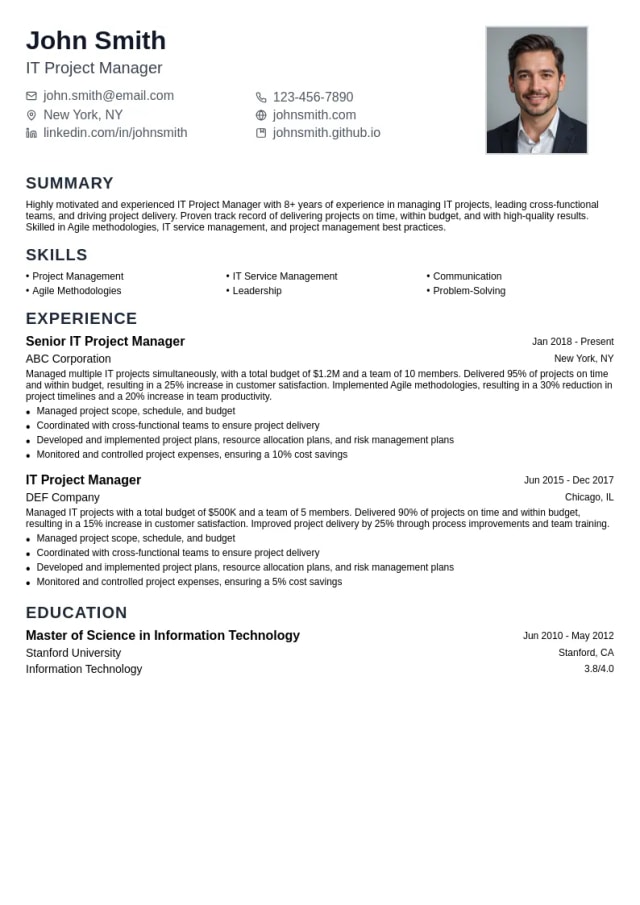 IT Project Management resume example