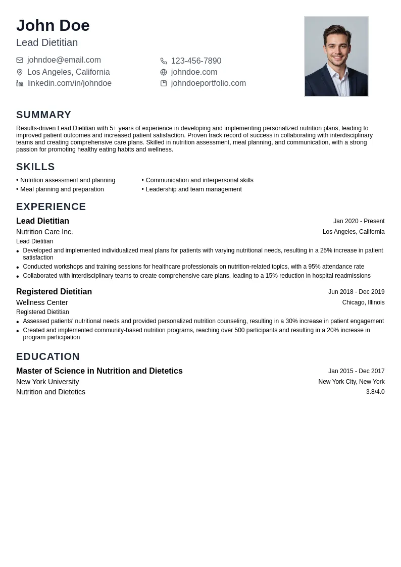 Lead Dietitian resume example
