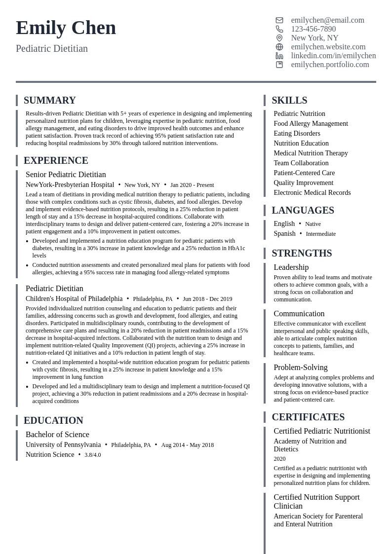 Pediatric Dietitian resume example