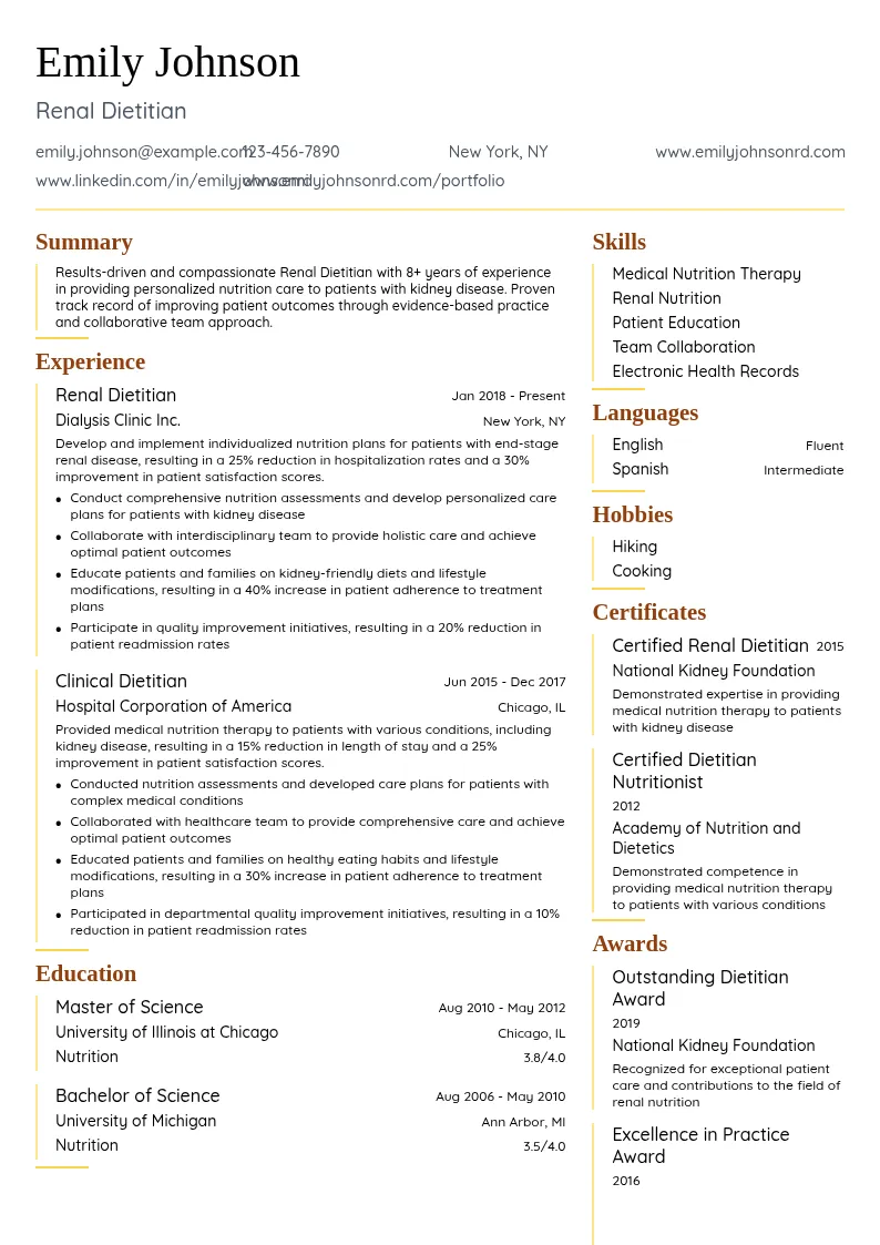 Renal Dietitian resume example