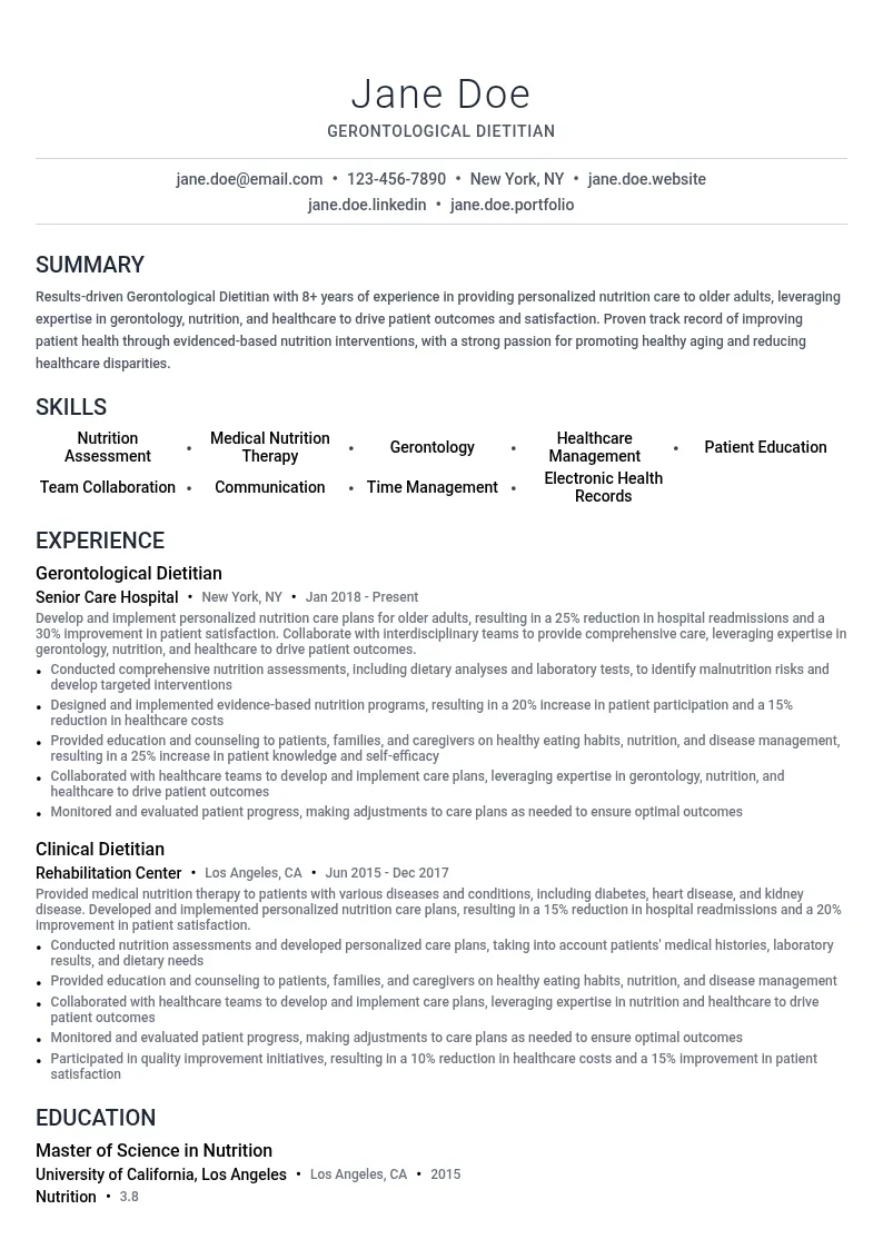 Gerontological Dietitian resume example