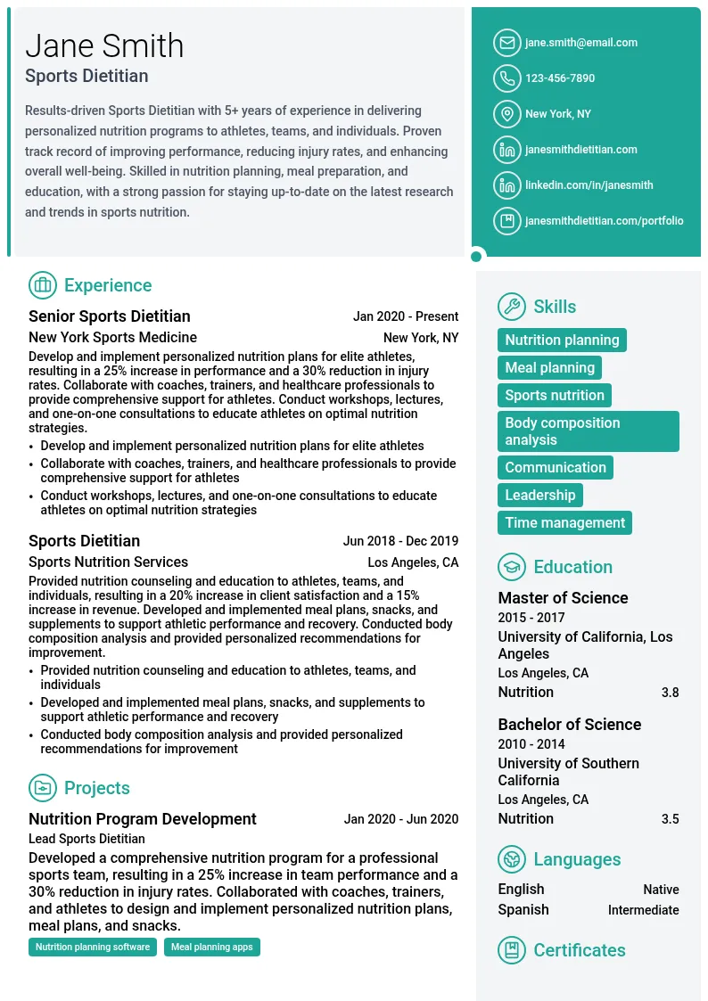 Sports Dietitian resume example