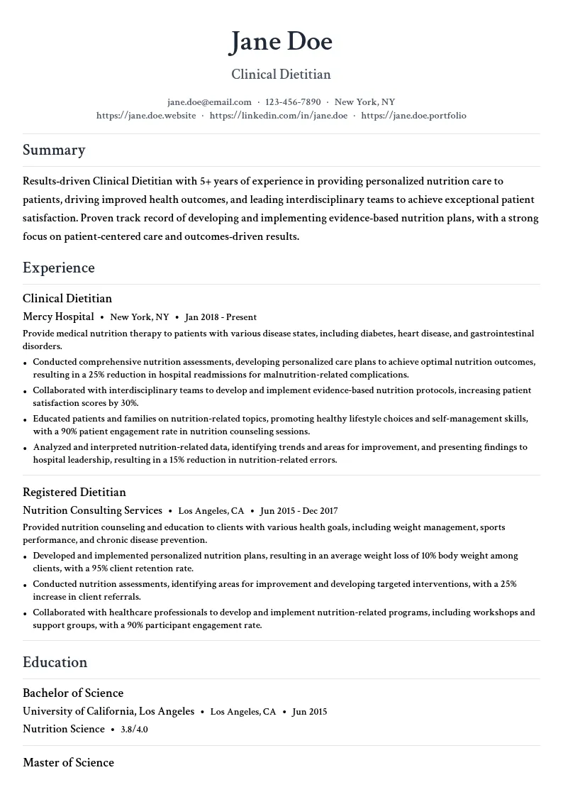 Clinical Dietitian resume example