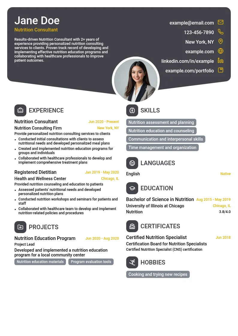 Nutrition Consultant resume example