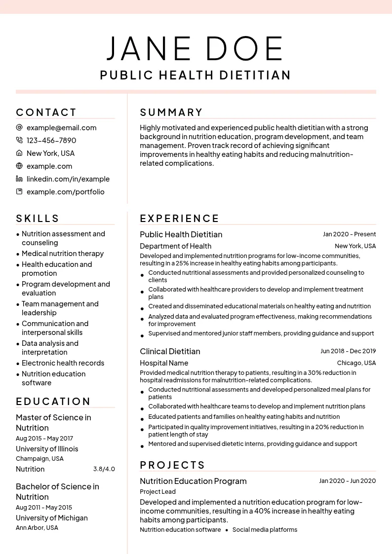 Public Health Dietitian resume example