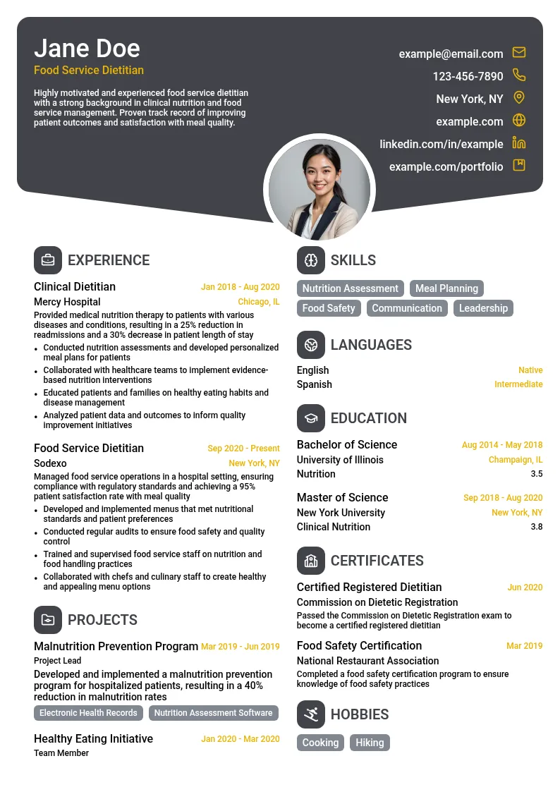 Food Service Dietitian resume example
