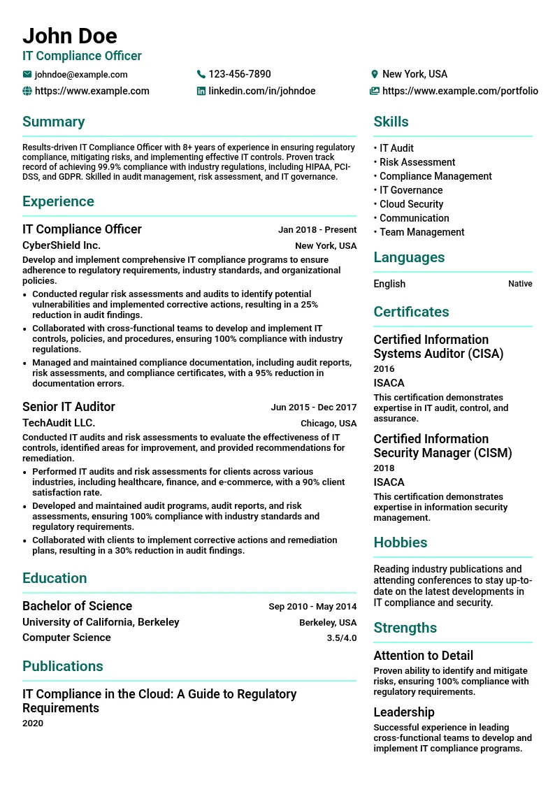 IT Compliance Officer resume example