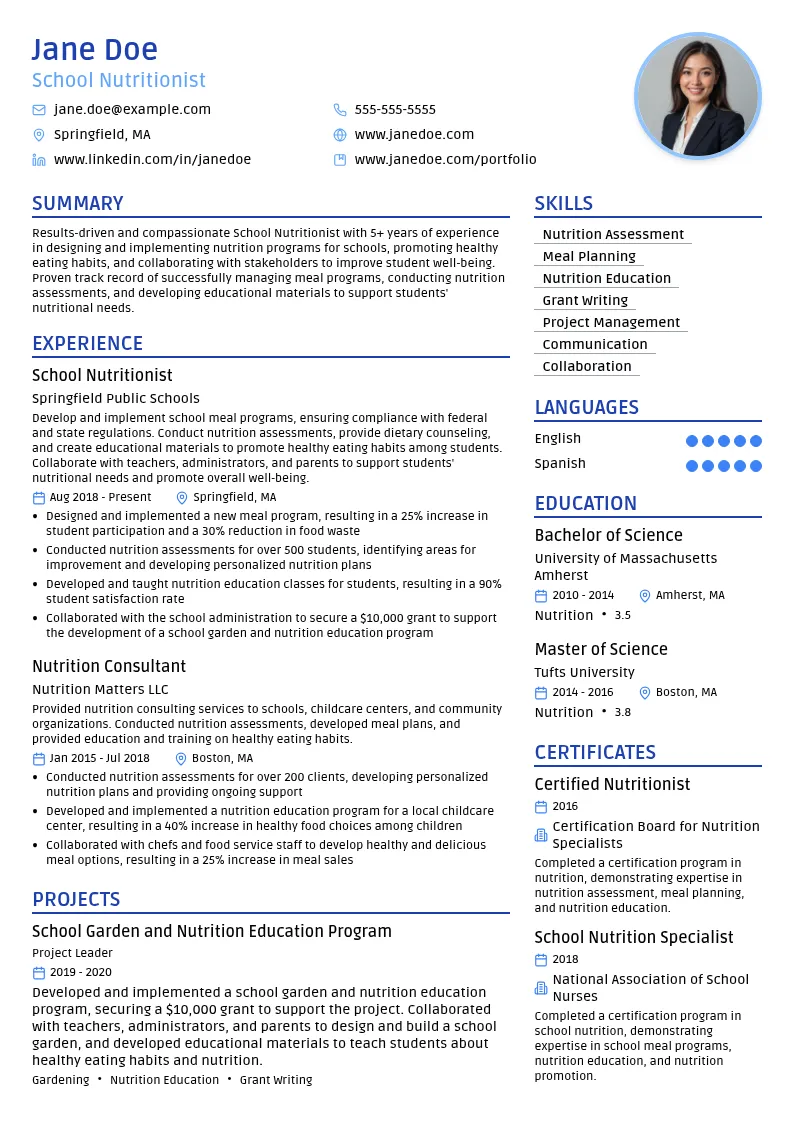 School Nutritionist resume example