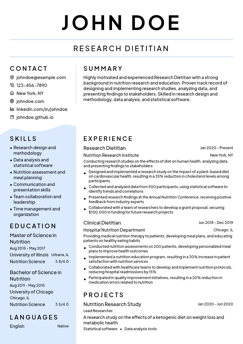 Research Dietitian resume example