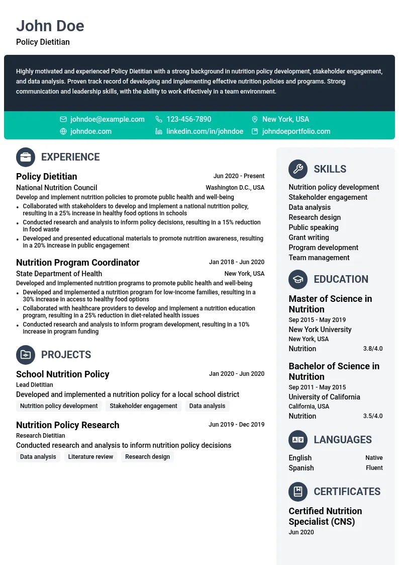 Policy Dietitian resume example