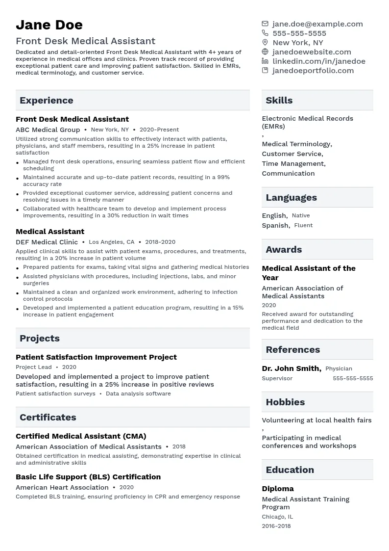 Front Desk Medical Assistant resume example