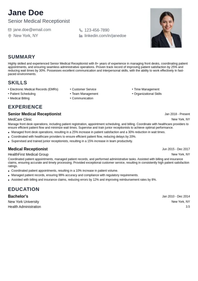Senior Medical Receptionist resume example