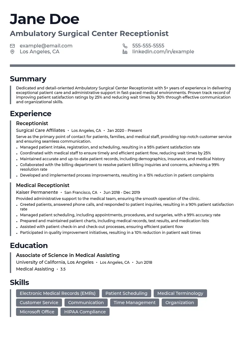 Ambulatory Surgical Center Receptionist resume example