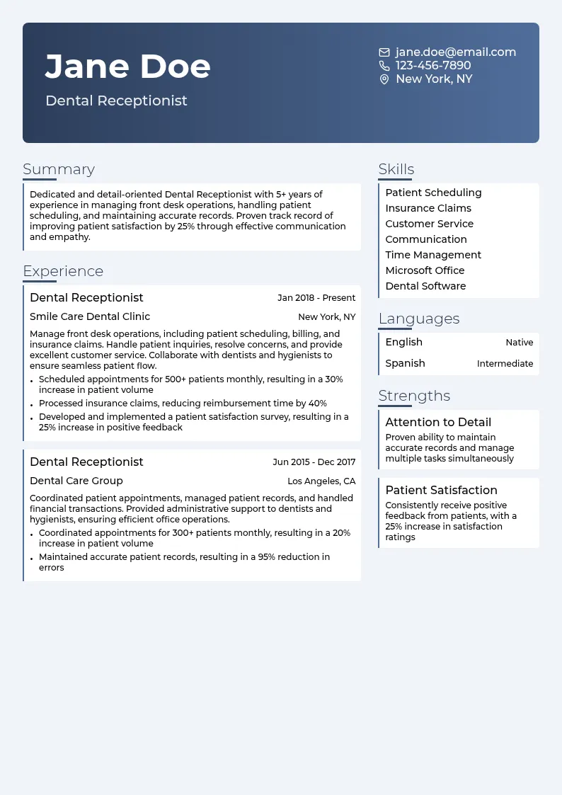 Dental Receptionist resume example