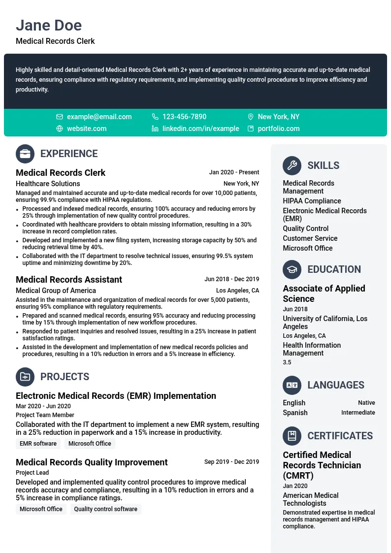 Medical Records Clerk resume example