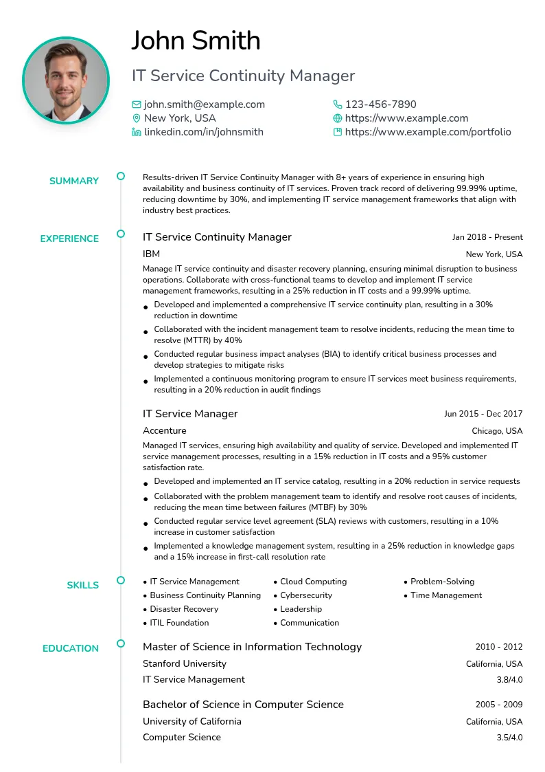 IT Service Continuity Manager resume example