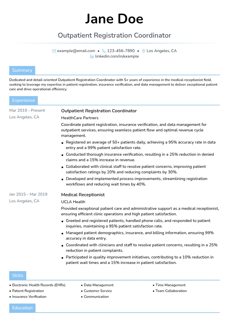 Outpatient Registration Coordinator resume example
