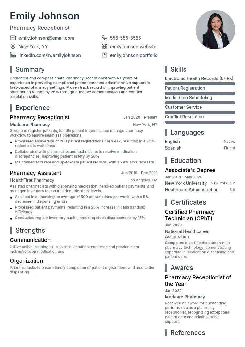 Pharmacy Receptionist resume example