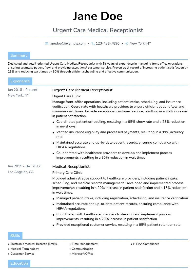 Urgent Care Medical Receptionist resume example