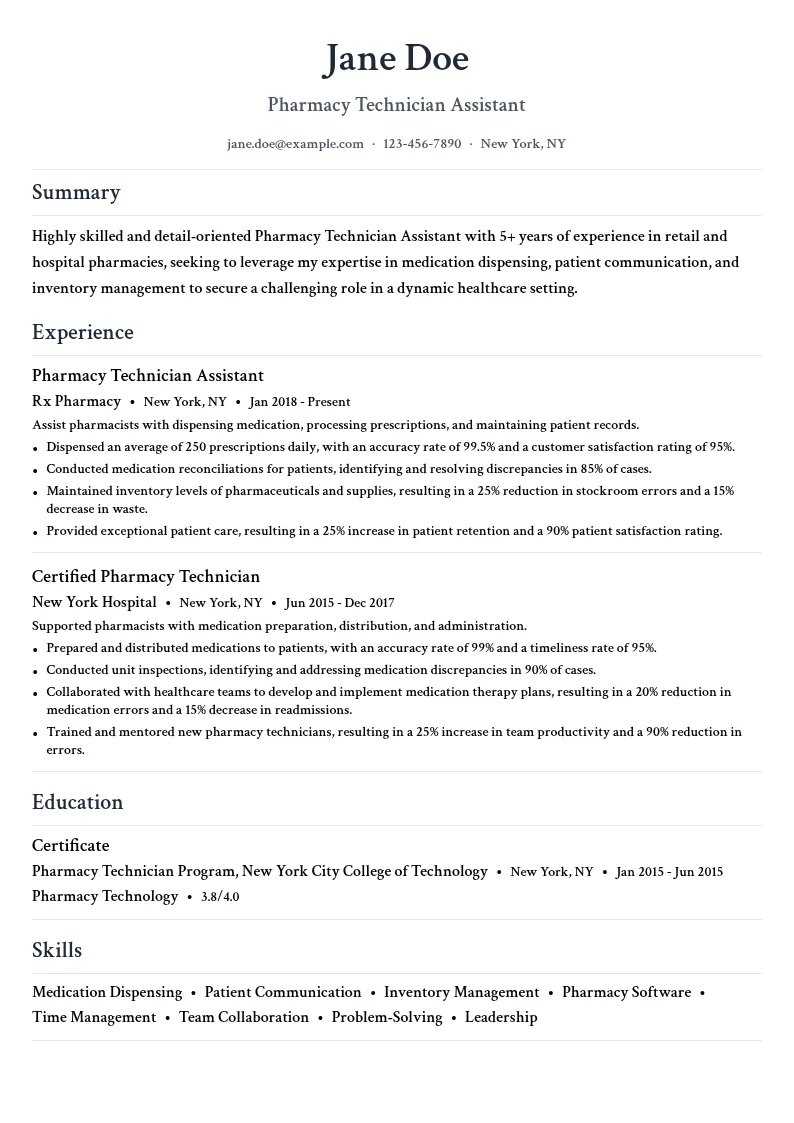 Pharmacy Technician Assistant resume example