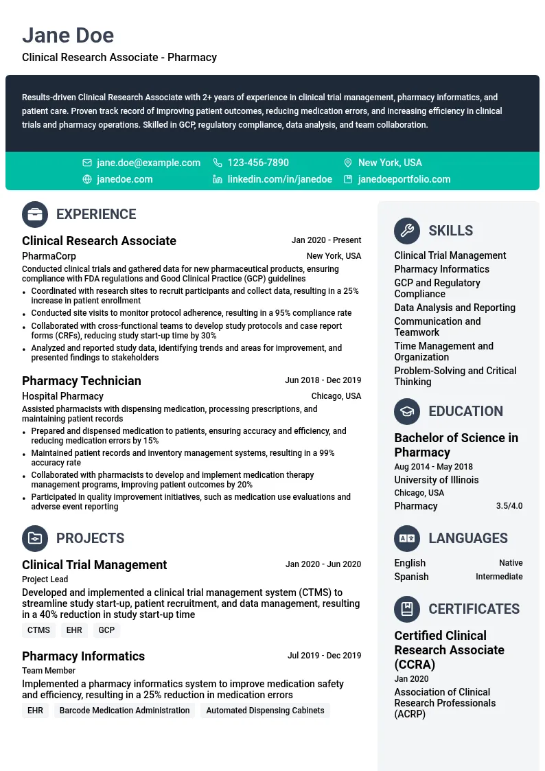 Clinical Research Associate - Pharmacy resume example
