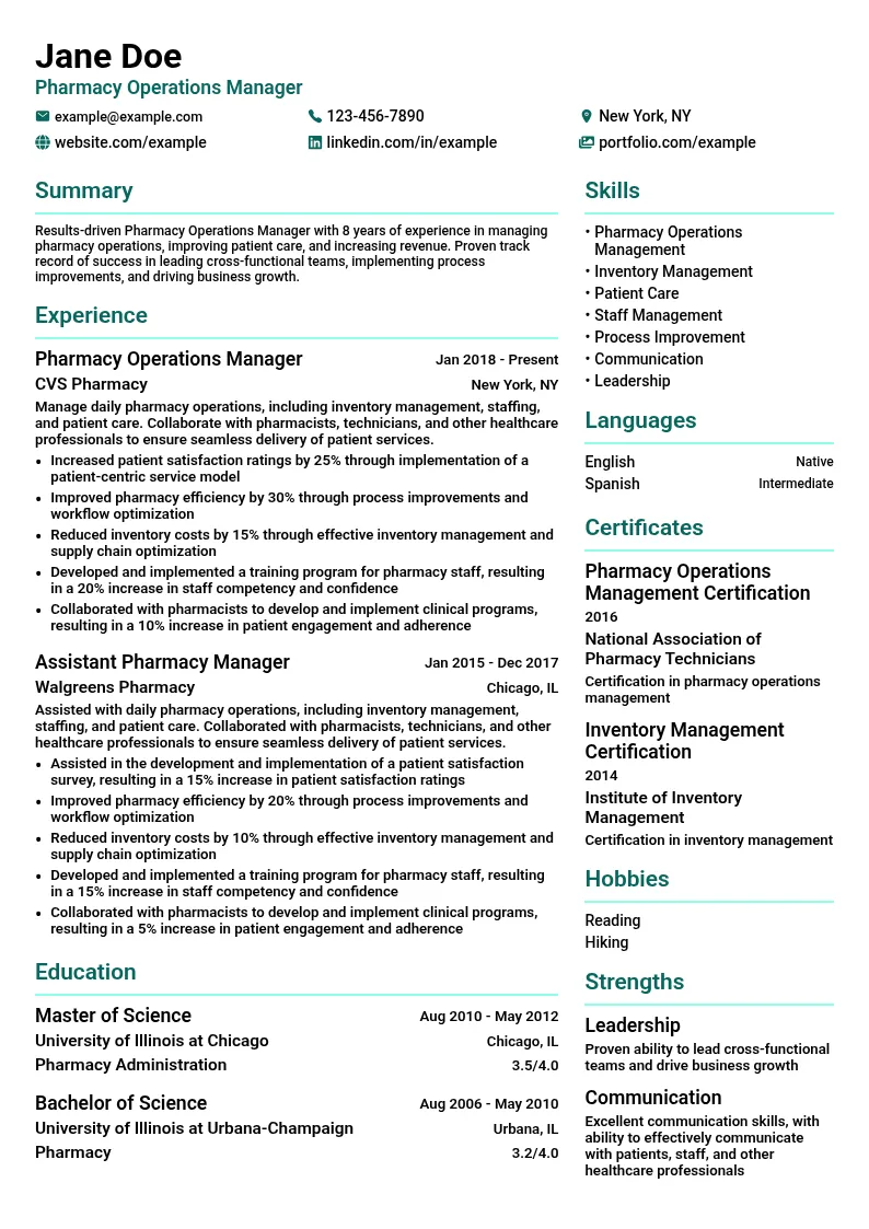 Pharmacy Operations Manager resume example