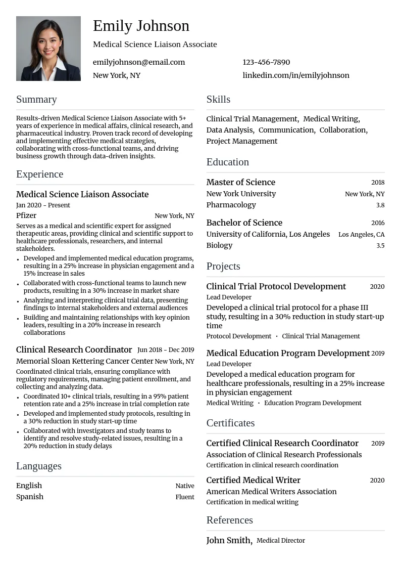 Medical Science Liaison Associate resume example