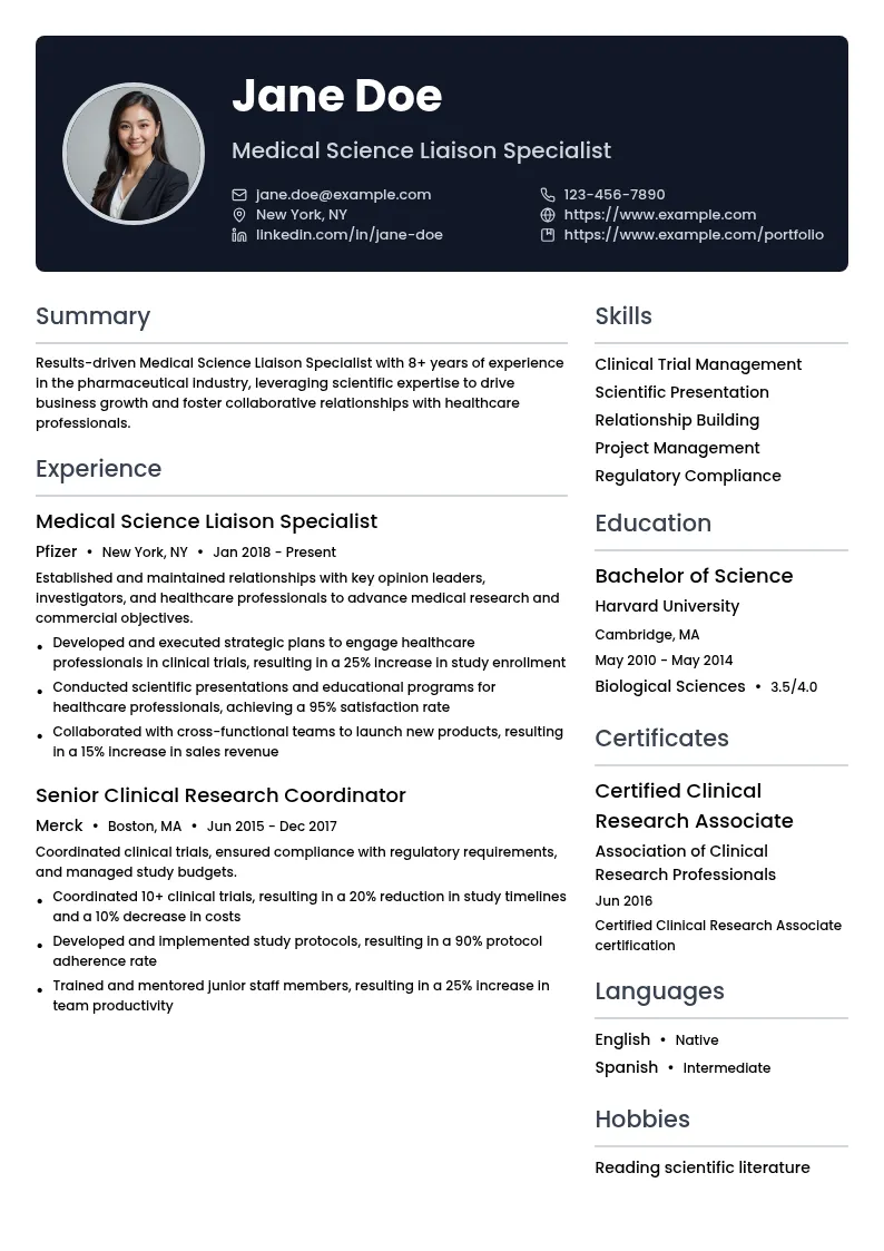 Medical Science Liaison Specialist resume example