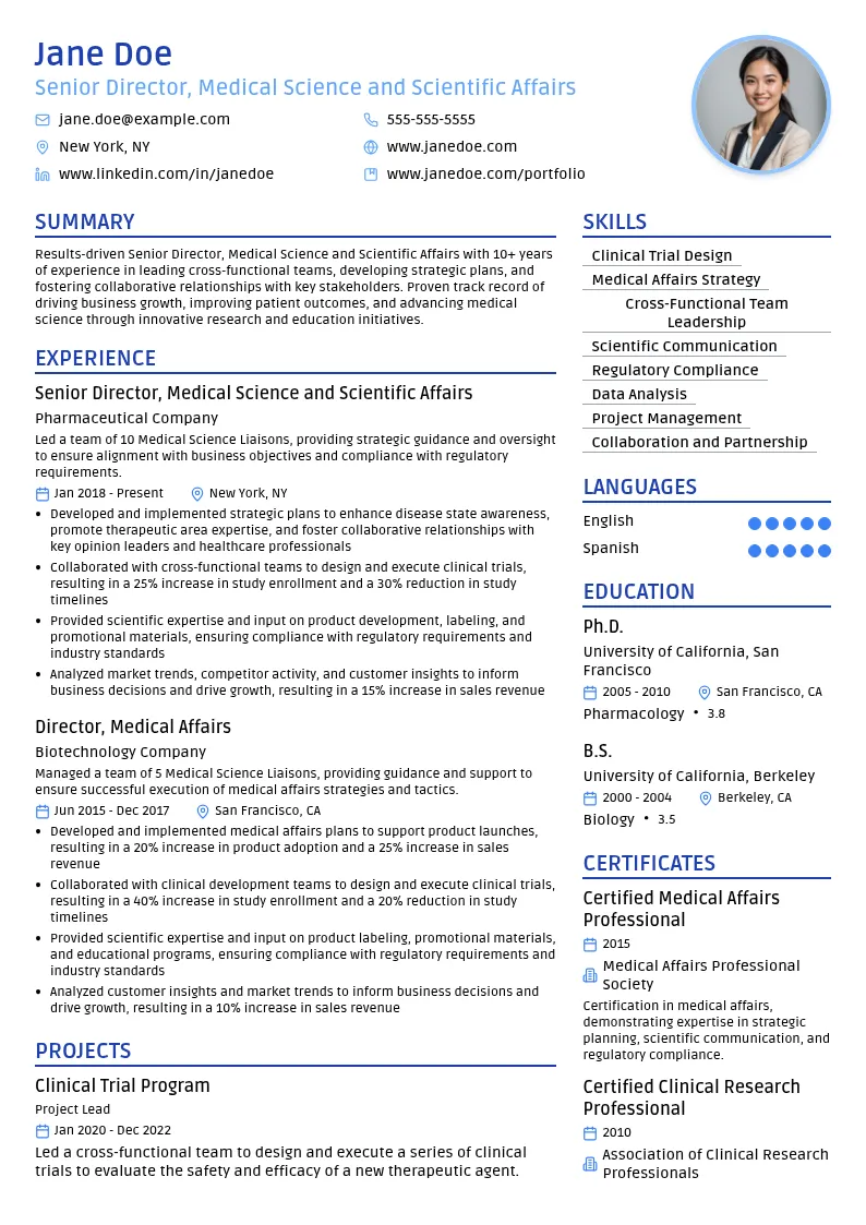 Senior Director, Medical Science and Scientific Affairs resume example