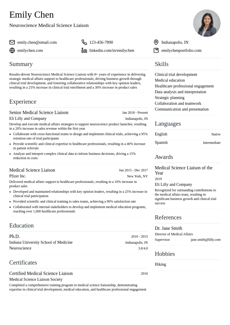 Neuroscience Medical Science Liaison resume example