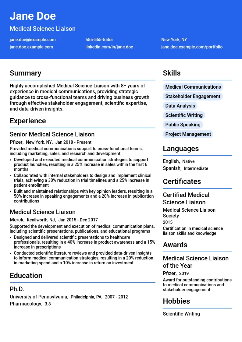 Medical Science Liason for Medical Communications resume example