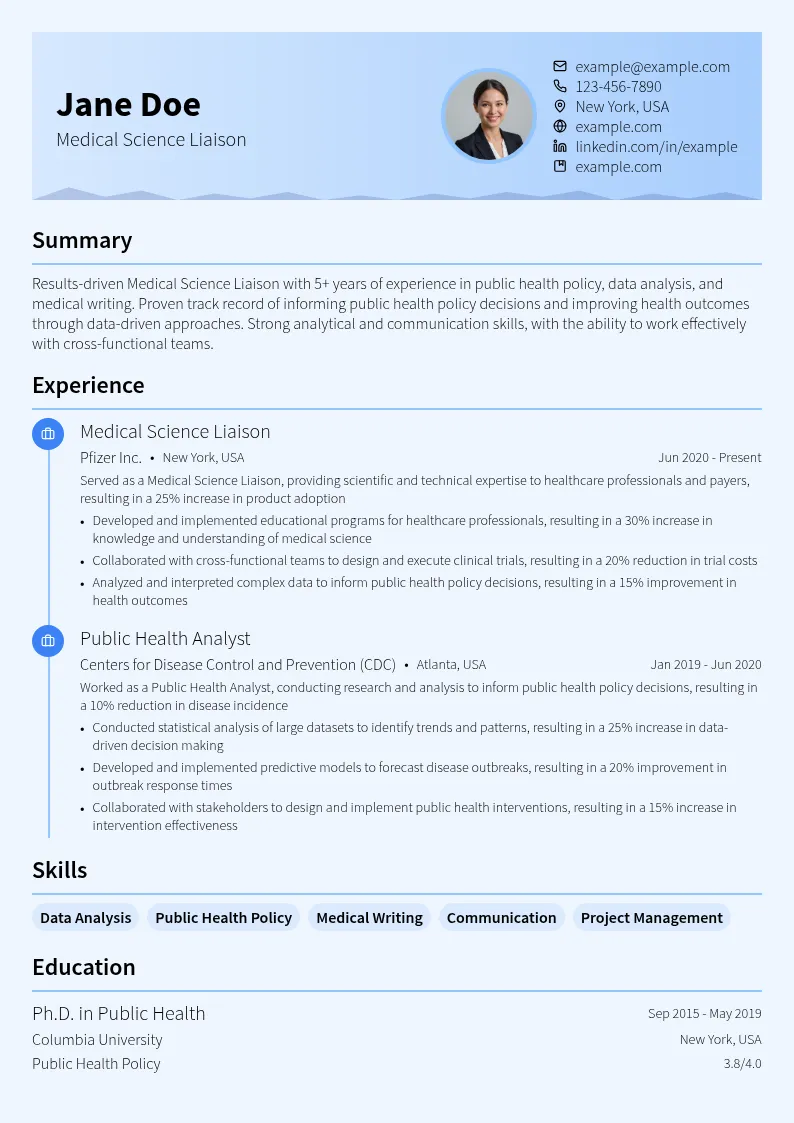 Medical Science Liason for Public Health Policy resume example